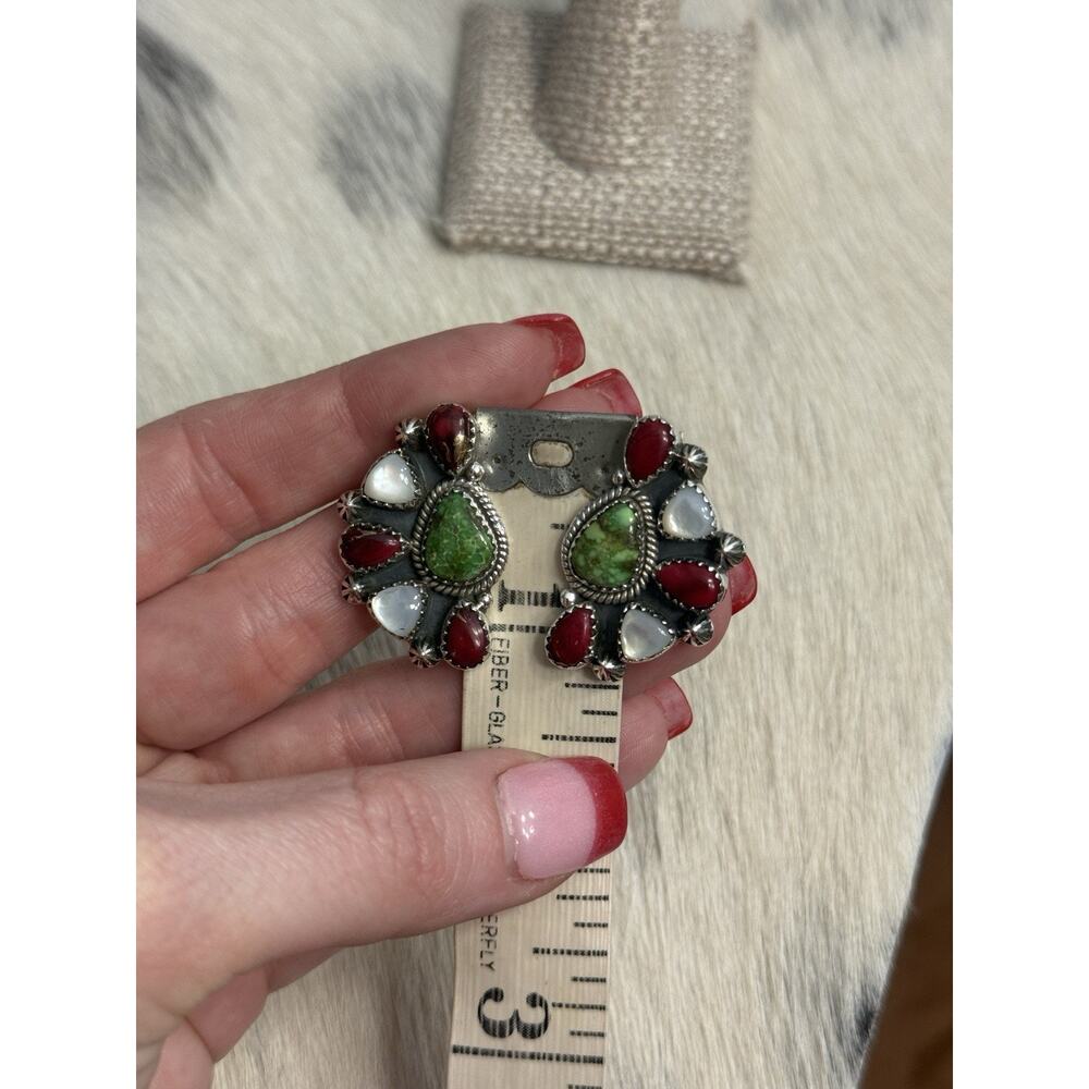 Sterling Silver Sonoran Gold Turquoise Red Dahlia Mother Pearl Cluster Earrings - Picture 6 of 13